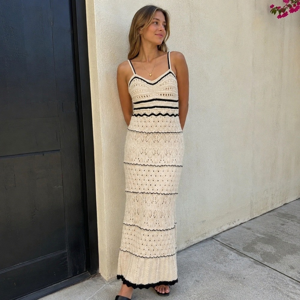 Commense Ivory Crochet Knit Maxi Dress Sleeveless Resort Beach Vacation Size L